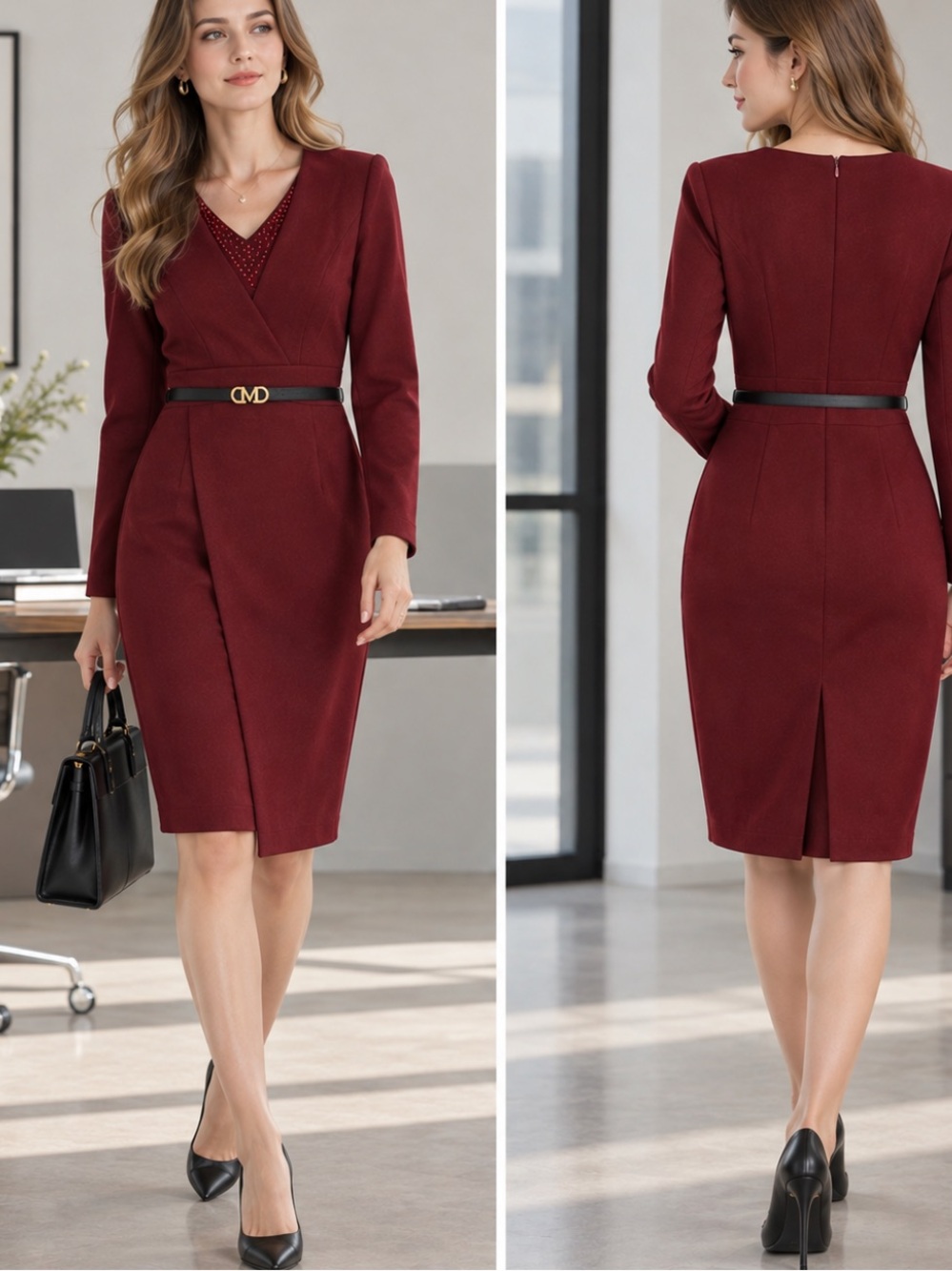 💯 Wool Elegant Long-Sleeve Burgundy Wrap Sheath Dress with Belt M